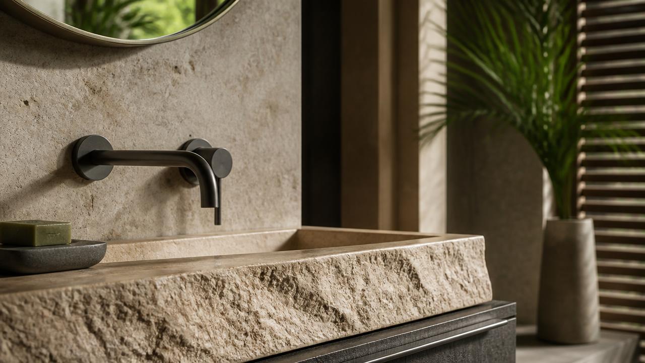 Detalle contemporáneo de baño con acabados en piedra y grifería moderna